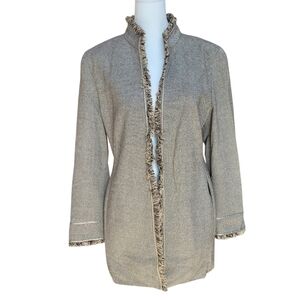 Louis Feraud Gray Fringe Trim Open Front Tweed Jacket Vintage Designer Blazer